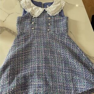 Janie and Jack Blue Tweed Dress with White Eyelet Collar